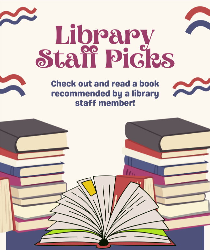 Library Staff Picks Book Display Sign featuring purple font and stacks of colorful books.